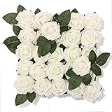 Meiliy 60pcs Artificial Flowers Ivory Roses Real Looking Foam Roses Bulk w/Stem for DIY Wedding Bouquets Corsages Centerpieces Arrangements Baby Shower Cake Flower Decorations
