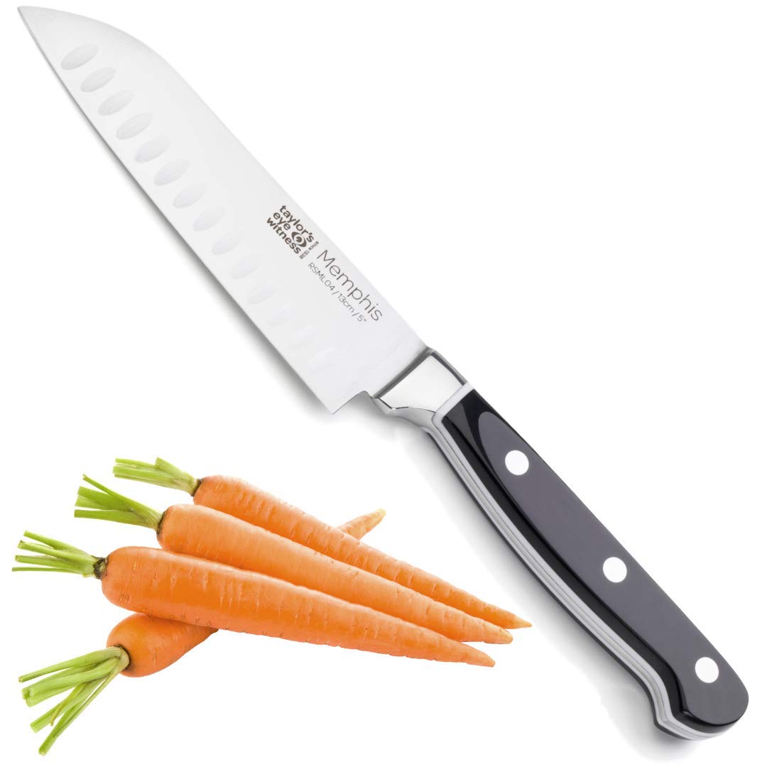 Taylors Eye Witness Memphis Oriental Kitchen Santoku Knife - 13cm / 5 Inch Stainless Steel, Finely Ground, Full Tang Razor Sharp Blade. Rust-Resistant. Black & White Handle. 25 Year Guarantee.