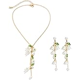 XYAYOU Tassel Vintage Lily Chic White Bell Orchid Flower Pearl Green Leaf Dangle Earrings Necklace Set for Women Bridal
