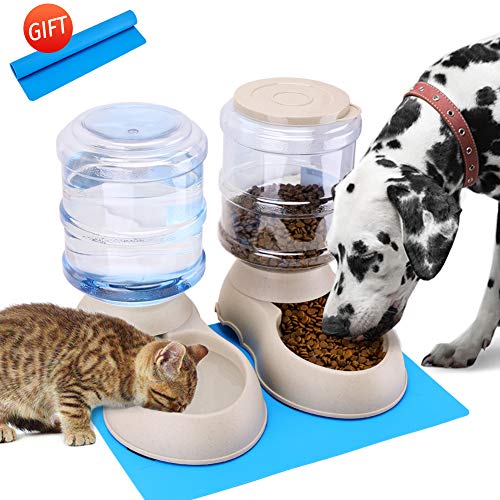 Automatic Cat Feeder and Water Dispenser in Set with Pet Food Mat for Small Medium Dog Pets Puppy Kitten Big Capacity 1 Gallon x 2