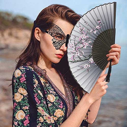 QIQU 6 Pack Handheld Floral Folding Fans Hand Held Women Silk Hollowed Bamboo Fans Hand Holding Fans with Tassel,Come with a Cloth Sleeve Per Fan,Wedding,Church,Party Gifts and Tea Party Dress Up