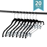 SMART ONYE Pack of 20 Strong and Durable-Heavy Duty-Velvet Clothes Hangers with Clips-Space Saving Velvet Skirts Hangers-Non Slip Velvet Pants Hangers-360 Degree Swivel Hook-Black