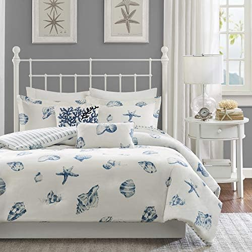 Harbor House Beach House Duvet Cover King Size - Blue Ivory Seashells Duvet Cover Set - 3 Piece - 100% Cotton Light Weight Bed Comforter Covers