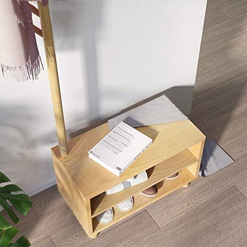 AOLI Beech Coat Rack with Bench, Entryway 2 Tier Shoe Rack with Hall Trees Coat Racks, Easy Shoe and Coat Organizer Storage,Long 45cm