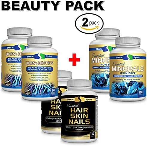 Probiotics &amp; Prebiotics Probiotic Supplement - Powerful 2-in-1 Formula + HAIR SKIN AND NAIL VITAMINS + MULTIMINERAL PERFECT BEAUTY 2-PACK For Vibrant Skin, Healthy Hair &amp; Strong Nails By Steele Spirit