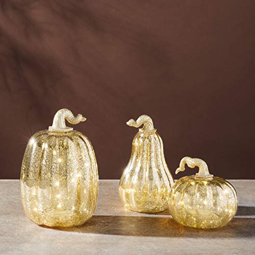 LampLust Gold Pumpkin Centerpiece with LED Lights - Set of 3, Mercury Glass Style, Fall, Autumn, Halloween & Thanksgiving Decorations, Batteries and Timer Included - Thumbnail 3