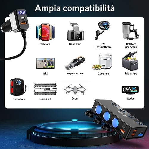 BESTEK 180W Car Charger, USB-C PD USB QC3.0 Car Charger, 12V/24V Cigarette Lighter Adapter with 3 Sockets & 6 Ports with LED Display for iPhone Dash Cam