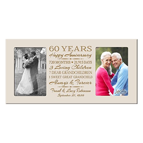 Personalized 60 year anniversary gift her him couple Custom Engraved wedding celebration for Husband wife girlfriend boyfriend photo frame holds two 4x6 photos by LifeSong Milestones (Ivory)