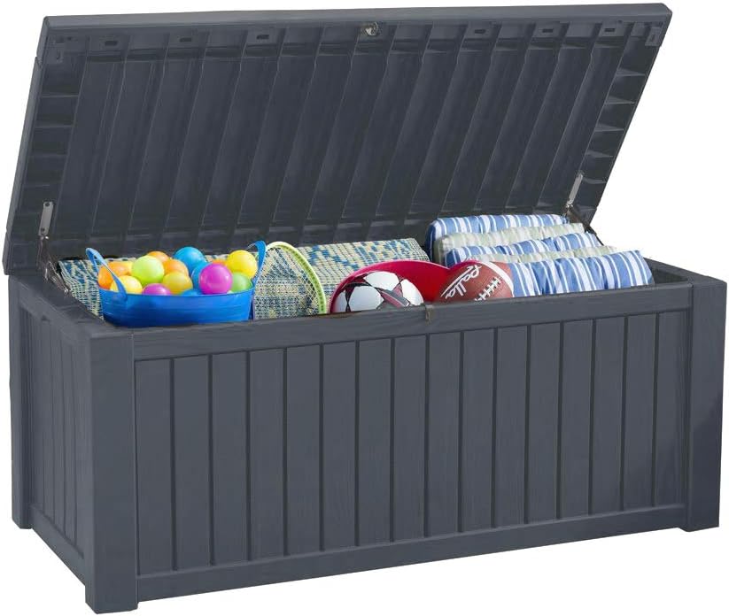 Koll Living Auflagenbox/Kissenbox 570 Liter l 100% Wasserdicht l mit Belüftung dadurch kein übler Geruch/Schimmel l Moderne Holzoptik l Deckel belastbar bis 250 KG (2 Personen) (Anthrazit)