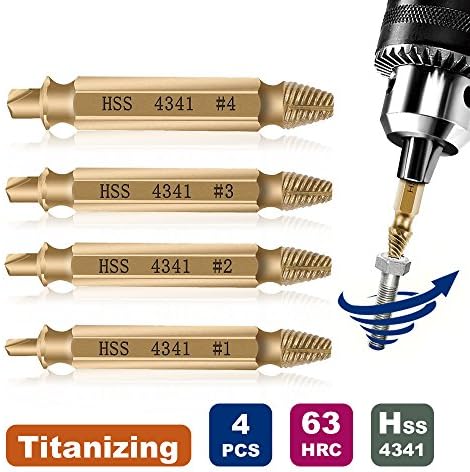 Damaged Screw Extractor and Remover Set, Easily Remove Stripped or Damaged Screws. Made From H.S.S. 4341#, the Hardness Is 62-63hrc, Set of 4 Stripped Screw Removers