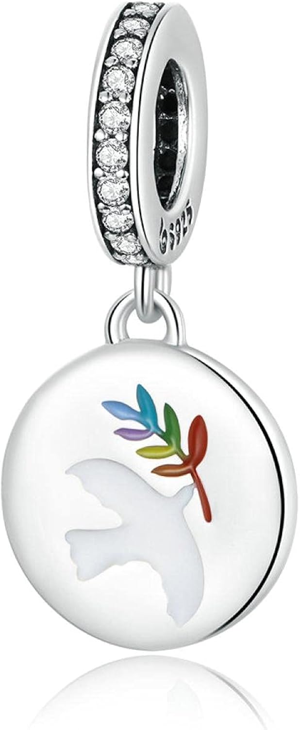 Women 925 Sterling Silver Beaded Peace Dove Olive Branch Bird Charm