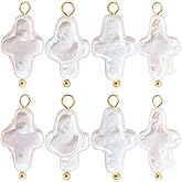 SUNNYCLUE 1 Box 10Pcs Pearl Cross Charm Easter Charms Bulk Natural Pearls White Crucifix Shape Small Pendants with Gold Brass Ball Ring for Jewelry Making Necklaces Earrings DIY Craft Accessories