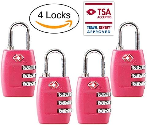 TSA Luggage Locks (4Pack) - 3 Digit Combination Padlocks - Approved Travel Lock for Suitcases &amp; Baggage (Pink)