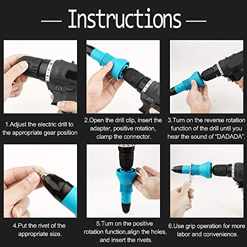 Cordless Drill Electric Rivet Gun Adapter-Professional Riveting Insert Nut Hand Tool Kit with 4pcs Convertible Head and 2pcs Wrench
