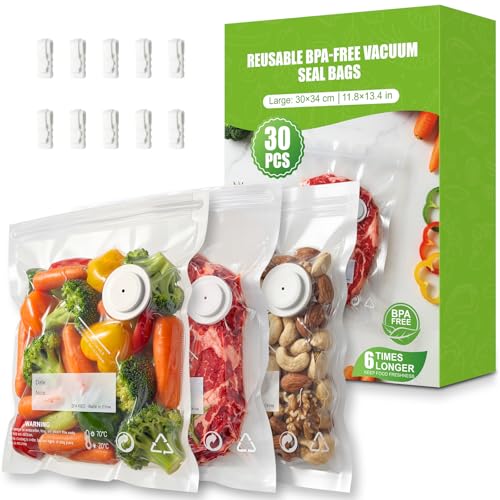 Babacom 30 Pieces Reusable Vacuum Food Bags with Air Valve and 10 Locking Clips (L:30 x 34 cm), BPA Free, Vacuum Food Bags for Freezer/Sous Video Cooking/Storage
