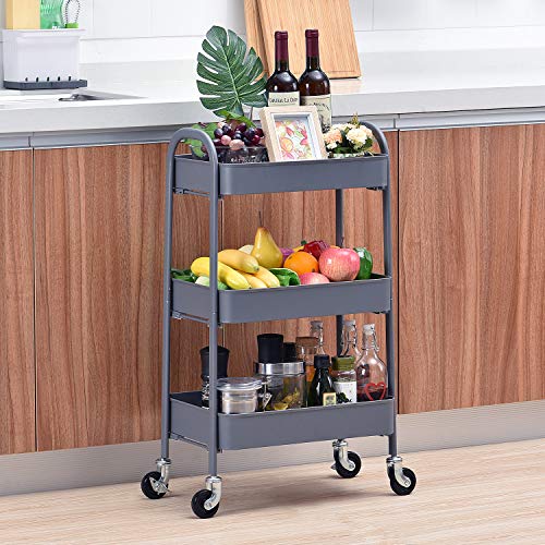 TOOLF No Screw Rolling Cart, 3Tier Easy Assemble Utility Cart, Sturdy