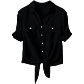 SRHJOPNFR Womens Tie Front Button Down Shirt Casual 3/4 Roll Up Sleeve Collared Work Blouse with Pockets