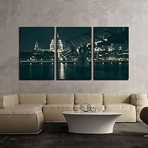 Building and Bridge Over Peaceful River at Night x3 Panels
