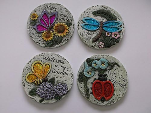 Set of 4 Decorative Concrete Garden Stepping Stones with Sequins Each One Different
