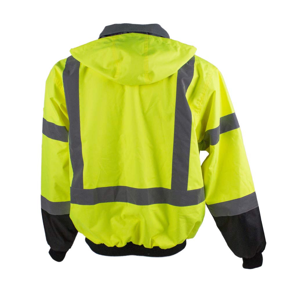 Pioneer High Visibility Safety Bomber Jacket for Rain - Hi Vis, Waterproof, Reflective, ANSI Class 3, Work Coat with Detachable Hood for Men – Yellow/Black: Industrial & Scientific