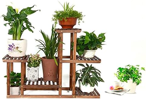 Carbonized Pine Wood Shelf 3 Tiers Design Handmade Plant Stand Burned Cedar Bonsai Gardening Planter Shoe Racks Balcony Living Room Indoor Outdoor Bathroom (Carbonized)