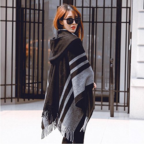 Women's Oversized Blanket Poncho Cape Shawl Stripes Cardigan Coat Hoodie with Tassel (Black) - Thumbnail 2