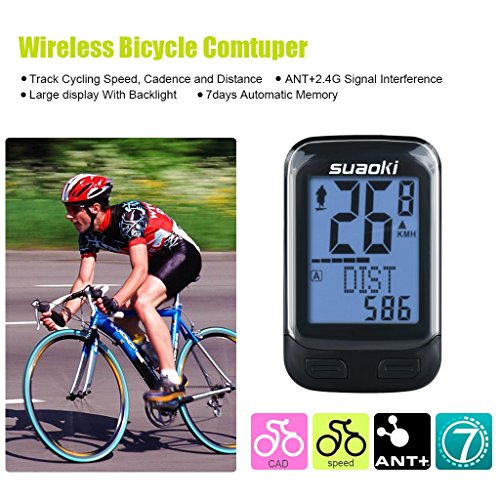 SUAOKI Wireless 2.4GHz Transmission Bike Cycling Computer with Cadence Sensor Bicycle Speedometer Odometer Track Calories User A/B Backlight Water Resistant etc 22 Function