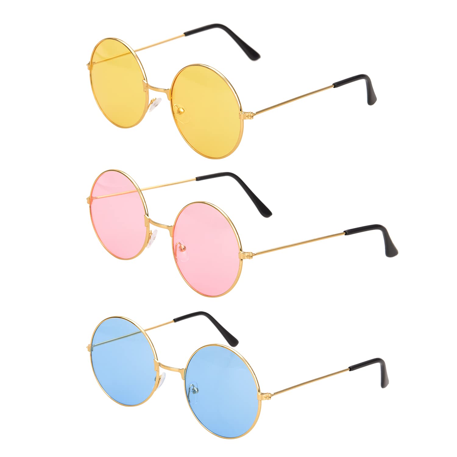 Euvoym 3 Pack Hippy Specs Sunglasses Pink Blue Yellow Round Sunglasses with Metal Frames Retro Hippie 60's 70's Style Circle Glasses for Fancy Dress Hippie Costume Accessories(Pink,Blue,Yellow)