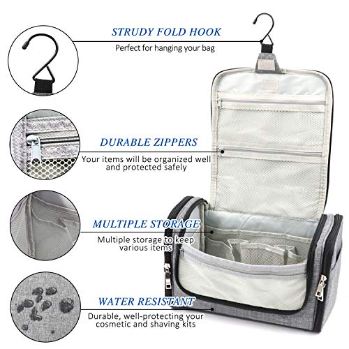Extra Large Capacity Hanging Toiletry Bag for Men & Women, Portable Waterproof Bathroom Shower Bag, Lightweight Dopp kit Shaving Bag, Sturdy Metal Hook Organizer Makeup Bag (Denim Gray)