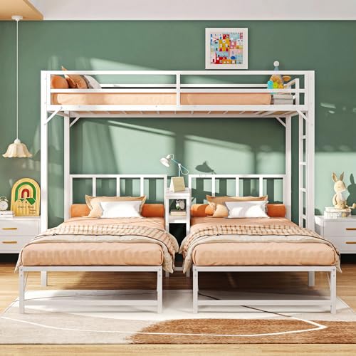 Simple Wisdom Literas de 3 Camas,Literas Individuales Tiene Tres Base Cama Individual,Litera Triple con Mesa,Equipado con Barandillas y Escaleras,La Base Metal es Resistente y Estable (Blanco)