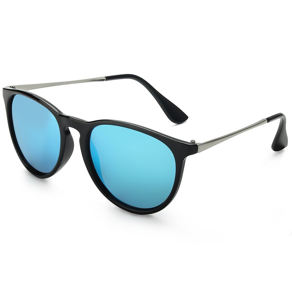 WELUK Wayfarer Sunglasses Polarized Women Men 60mm Round Retro Large Lens (Black & Blue, 60)