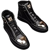Hhhchpm Men Fashion Sneakers for Men High Top Lace-up Shiny Shoes for Motorcycle, Metallic Decorative Design High Top Sneakers