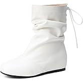 Helenbra Women's Pleated Lace Up Flat Mid Calf Boots,Fashion Soft Leather Low Hidden Wedge Boots Comfort Slip On Non-slip Classic Riding Booties Casual Fall Winter Walking Travel Shoes