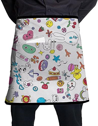 Kawaii Pattern Wallpaper Pattern Stylist Waist Chef Apron With Pockets, Restaurant Short Bistro Family Half Aprons For Men Women, 21.3 X 17.7 Inches, Black