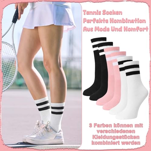 6 paia di calzini da donna 35-38 calzini da tennis in cotone retrò da donna calzini sportivi colorati con motivo a righe Crew Socks per donna ragazza tennis sport, Bianco/Nero/Rosa, 35-38