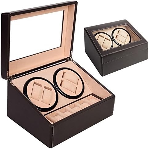 Watch Winder Storage Display Case Box Automatic Rotate Leather Wooden Brown