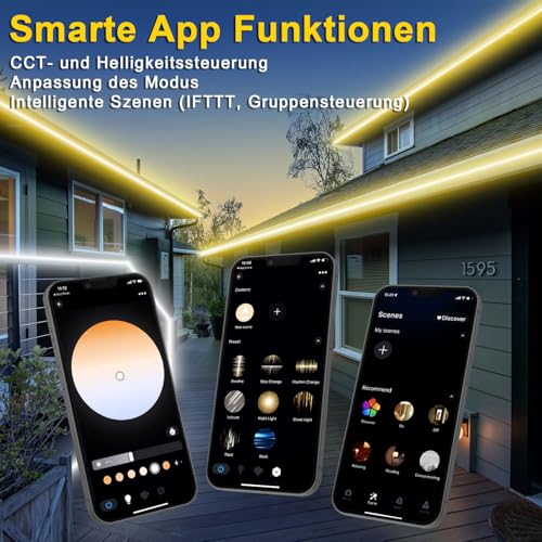 LED Strip Outdoor Use, Warm White to Cool White, Dimmable, Outdoor LED Strip, Alexa Compatible WiFi App & Remote Control, 24 V LED Strip, IP67 Waterproof Tape, Self-Adhesive for Kitchen, Patios (15 m)