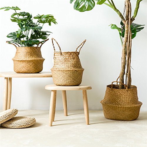 Woven Seagrass Basket,Gracosy Natural Handmade Belly Basket Collapsible Basket Straw Basket Decorative Basket Flower Pot Basket with Handles for Home Storage, Plant Pot Cover Natural color S