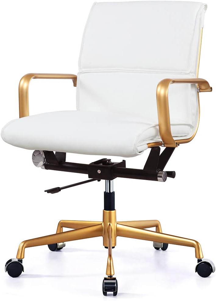 Mid Back White Office Chair with Armrest, Adjustable Swivel Chair in Durable Vegan Leather, Ergonomic Desk Chair for Lumbar Support & Extra Back