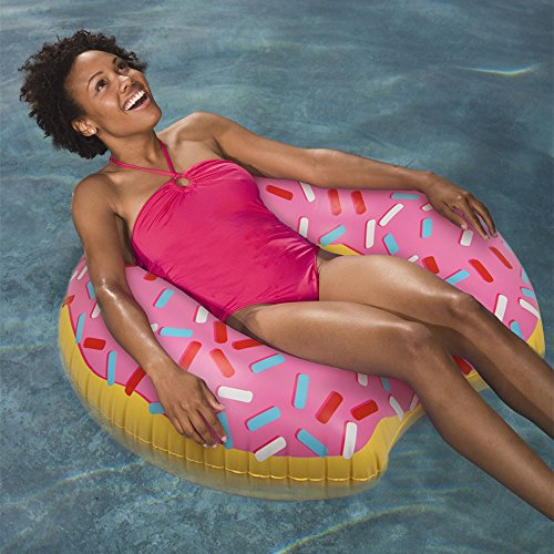 image for 4-foot Jumbo Swimming Pool Donut Float, Strawberry Frosted and Rainbow