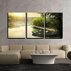 3 Piece Canvas Wall Art - Boats Near Pier at Beautiful Summer Morning - Modern Home Art Stretched and Framed Ready to Hang - 16"x24"x3 Panels