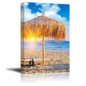 Canvas Prints Wall Art - Straw Umbrella Under a Tropical Sunset on a Sandy Beach | Modern Wall Decor/Home Decoration Stretched Gallery Canvas Wrap Giclee Print. Ready to Hang - 12" x 18"