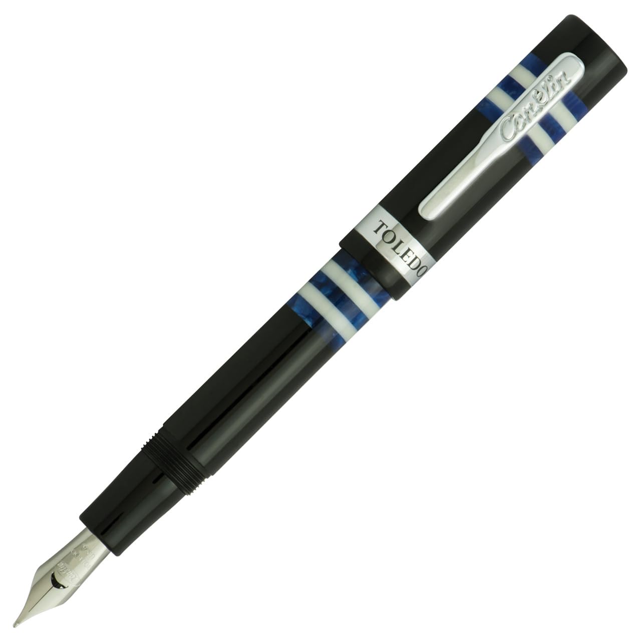 Conklin Toledo Fountain Pen in Black with Blue and White Ring Segments – Fine Nib – Premium Writing Instrument with European Resin Body
