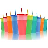 Lyellfe 10 Pack Color Changing Cups, 24 oz Leak-proof Water Tumblers with Lids and Straws, Plastic Cold Drink Summer Cups in 