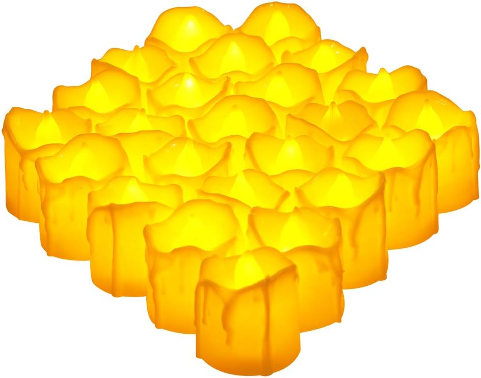 Amconsure Flickering LED Tealight Candles, Battery Operated Flameless Candles, Dripping Wax LED Tea Lights Decorative for Party/Wedding/Votive Holders, Amber Yellow, Pack of 24