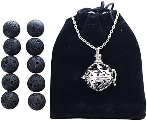 Essential Oil Diffuser, Aromatherapy Necklace: The Blossom Pendant Kit w 10 Black Essential Oil Lava Beads | 28" Chain | Antique Silver Finish | Perfect for Young Living, Now, Doter, Doterra Oil