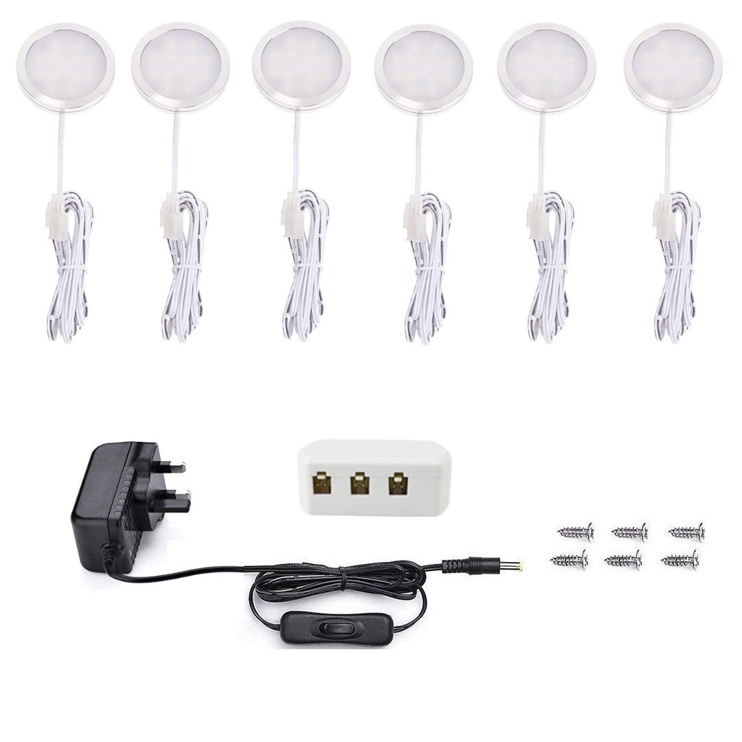 Vlio Under Cabinet Light Kit, LED Puck Lights, 15W, 1500LM, Cool White, Display Cabinet Lighting, Disc Light for Kitchen, Closet, Counter, Cupboard, Shelf, Wardrobe and More, Set of 6