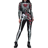 Fixmatti Women Halloween Party Costume Skull Print Long Sleeve Jumpsuit Outfit