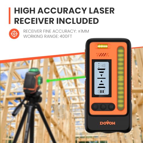 DOVOH Outdoor Laser Level with Receiver : Daylight High Visibility Laser Level 360 Self Leveling Up to 400ft Long Range 110mw High Power Green with Detector Outside Construction Landscaping, H3-360G