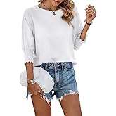 Fazortev Women's 3/4 Sleeve Casual Tops Solid Color Crew Neck Loose Fit Shirts Blouses